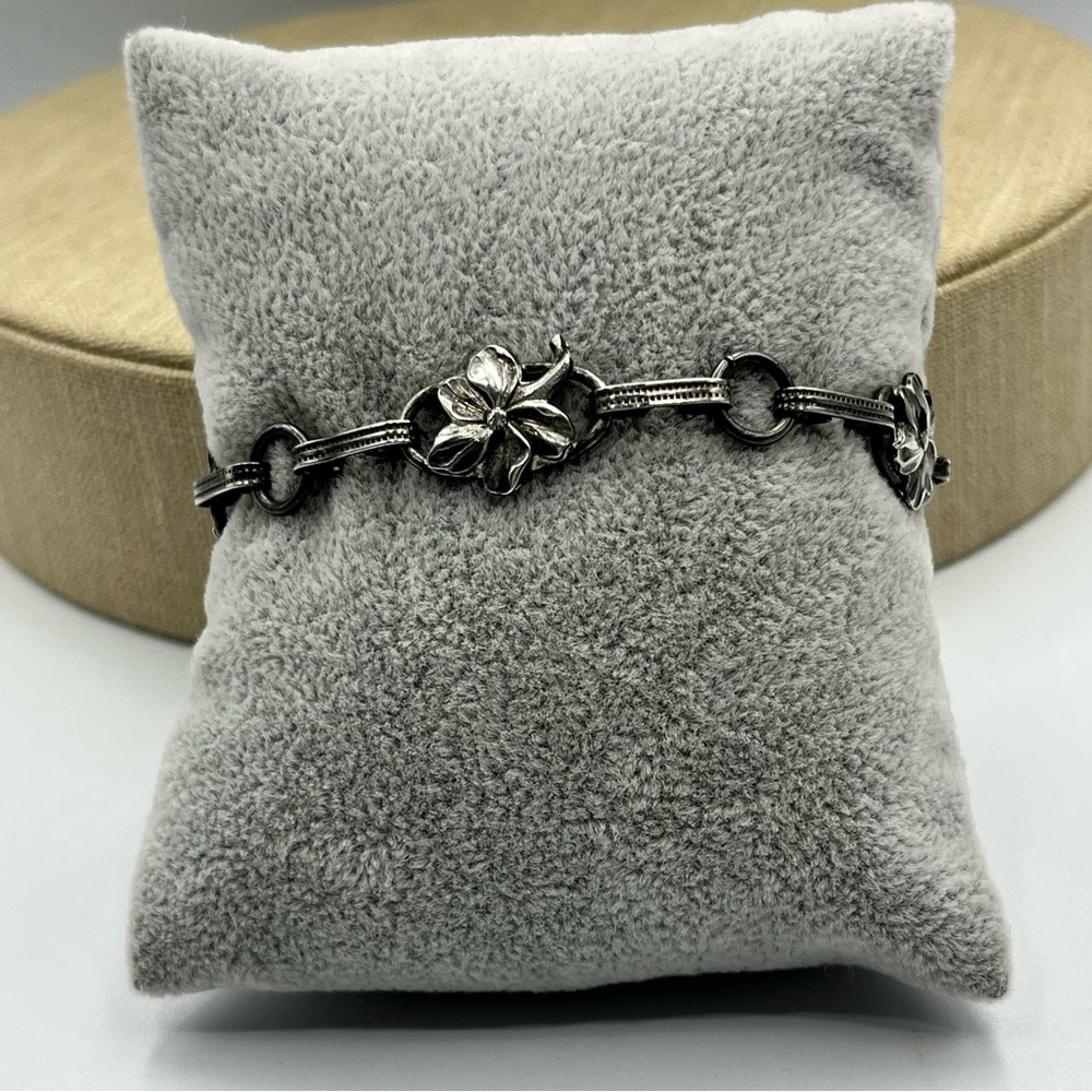 Vintage 1940s art deco Sterling silver plumeria chain link Bracelet - Picture 7 of 10